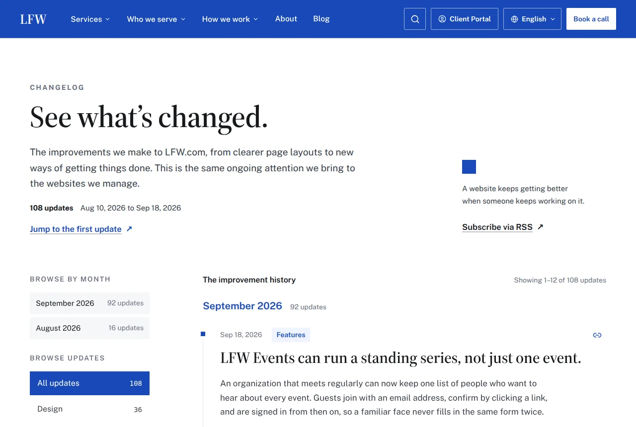 The LFW.com changelog: See what’s changed, 108 updates from August 10 to September 18, 2026, browsable by month and category.
