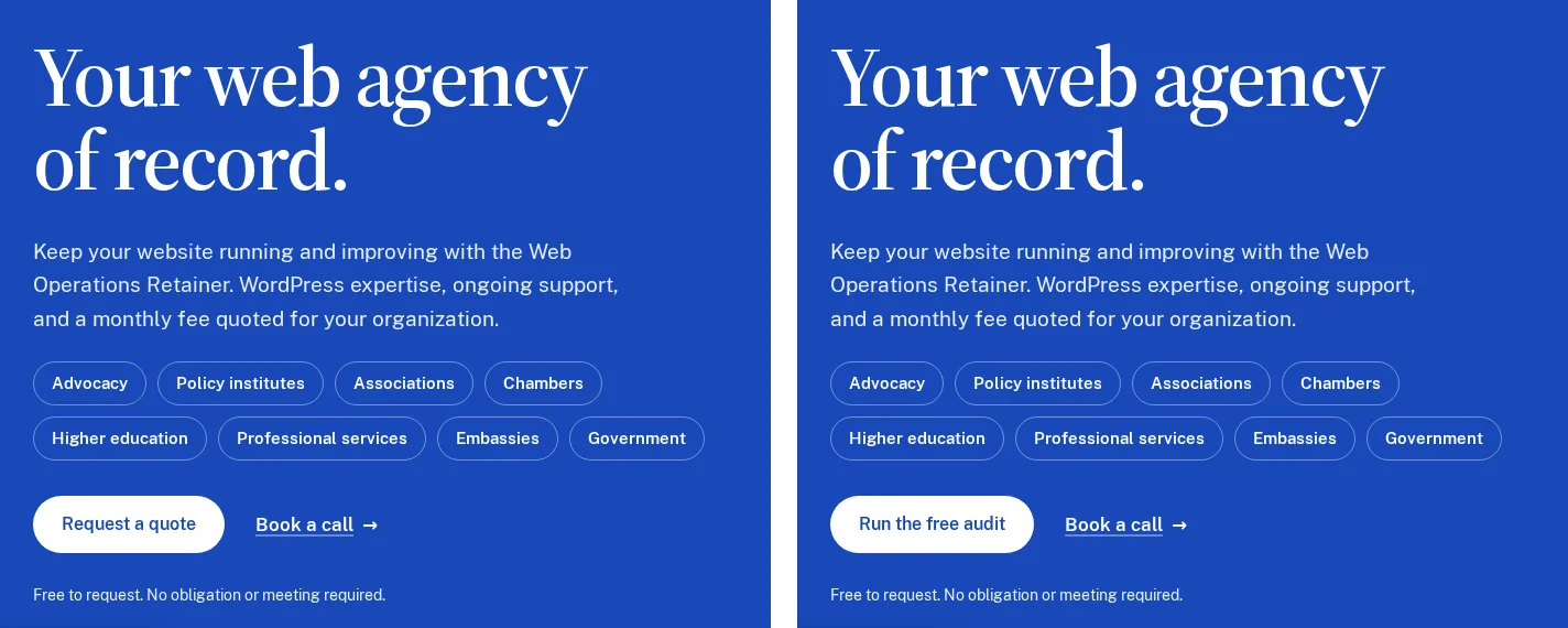 The LFW.com homepage hero twice, side by side and identical except for the main button: Request a quote on the left, Run the free audit on the right.