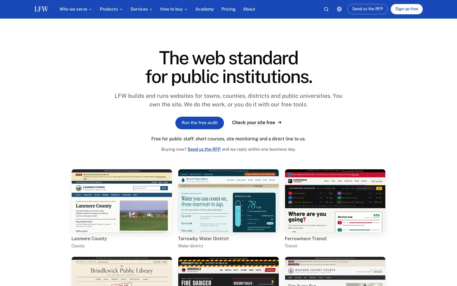 Dopo: la nuova home page di LFW.com con il titolo The web standard for public institutions, un pulsante Sign up free e tre siti di esempio sotto: Lanmere County, Tarrowby Water District e Ferrowmere Transit.