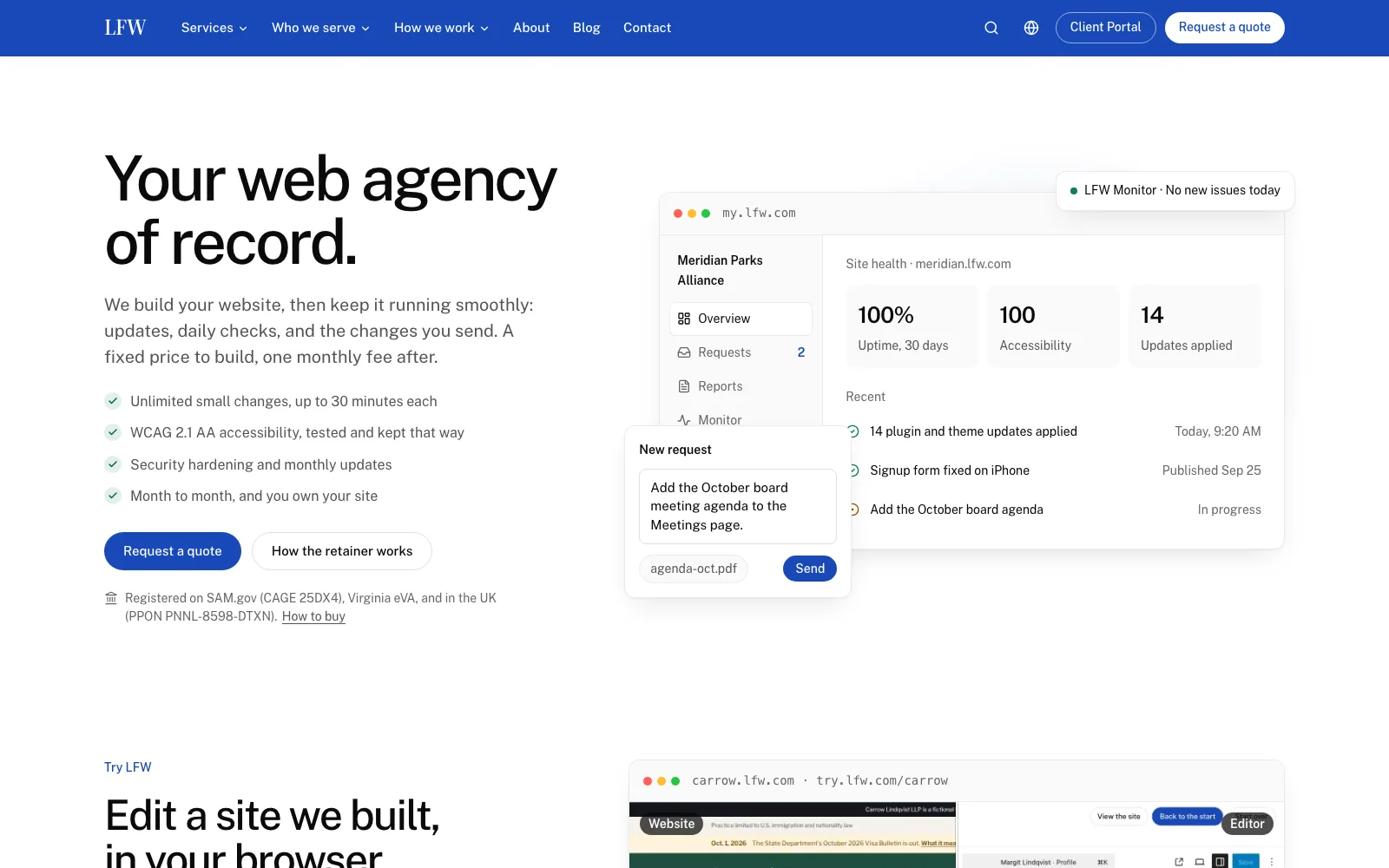 Prima: la home page di LFW.com con il titolo Your web agency of record, una riga sulla realizzazione di un sito e sulla sua gestione con un canone mensile, un pulsante Request a quote e un'anteprima del portale clienti con dati di esempio fittizi.