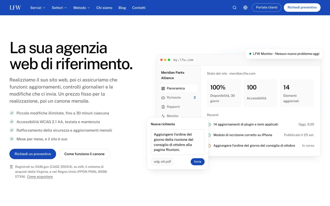 La homepage di LFW.com in italiano: la navigazione in italiano, con Italiano scelto nel menu delle lingue, il titolo La sua agenzia web di riferimento e un’anteprima del portale clienti con dati di esempio fittizi.