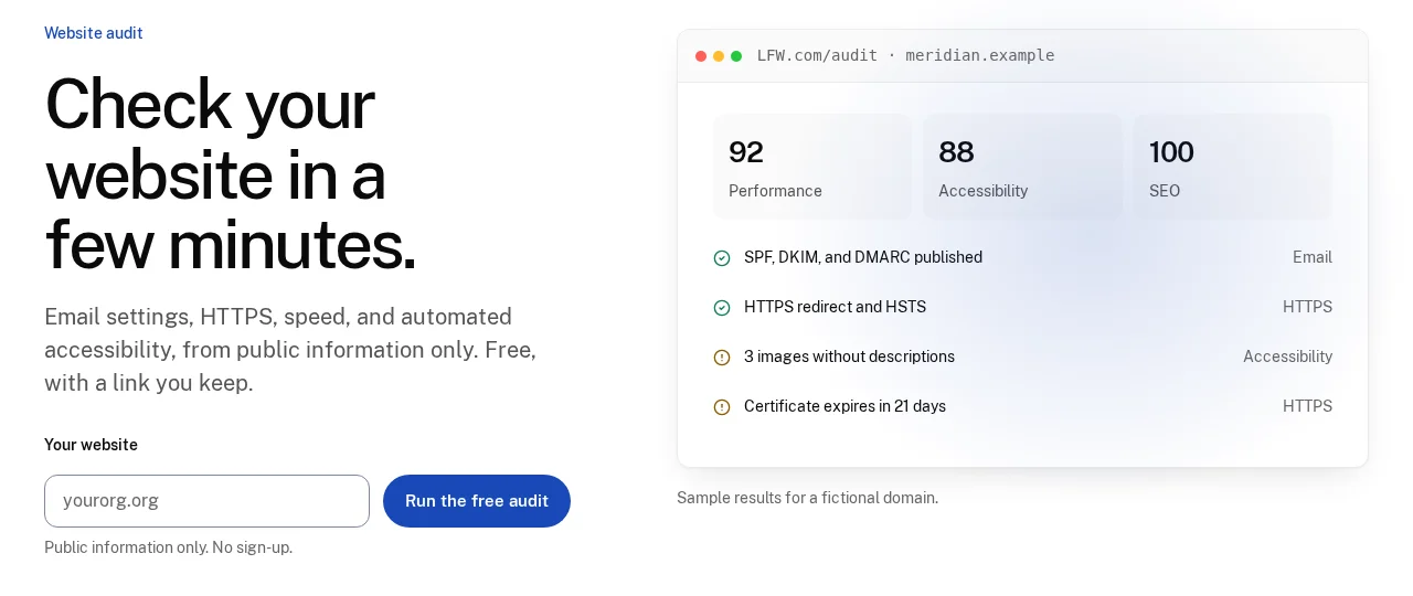 La page de l'audit gratuit de LFW.com : le titre Check your website in a few minutes, un champ intitulé Your website avec l'exemple yourorg.org, un bouton Run the free audit et des résultats d'exemple pour un domaine fictif.