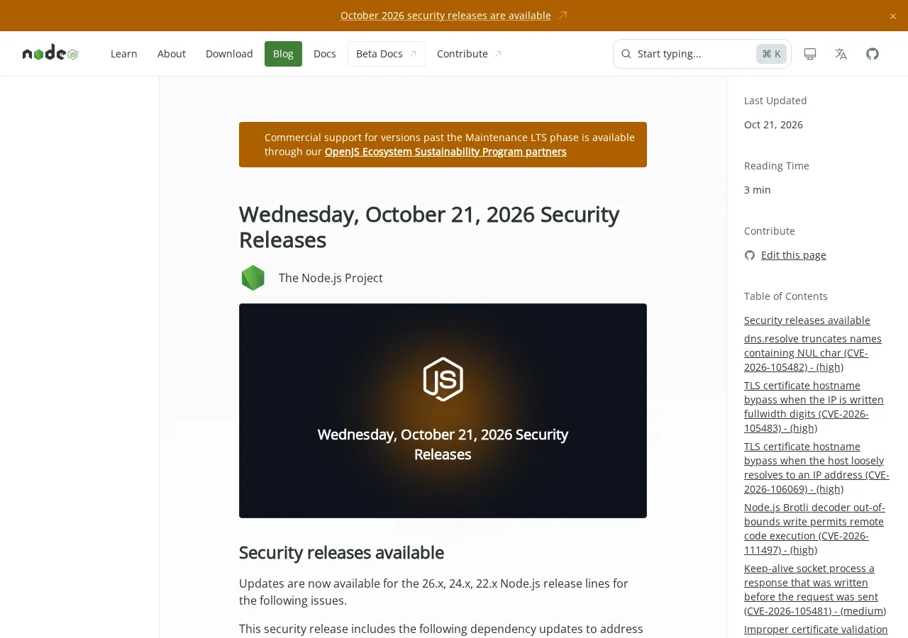 L'avis de sécurité du projet Node.js sur nodejs.org, intitulé Wednesday, October 21, 2026 Security Releases. Il indique que des mises à jour sont disponibles pour les branches 26.x, 24.x et 22.x. La table des matières liste les correctifs, dont Node.js Brotli decoder out-of-bounds write permits remote code execution (CVE-2026-111497), de gravité élevée.