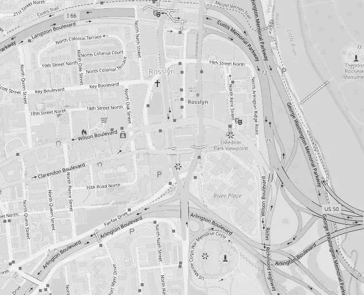 Street map of Rosslyn, Arlington: LFW on Wilson Boulevard, around the corner from the Rosslyn Metro station, across the Potomac from Georgetown.