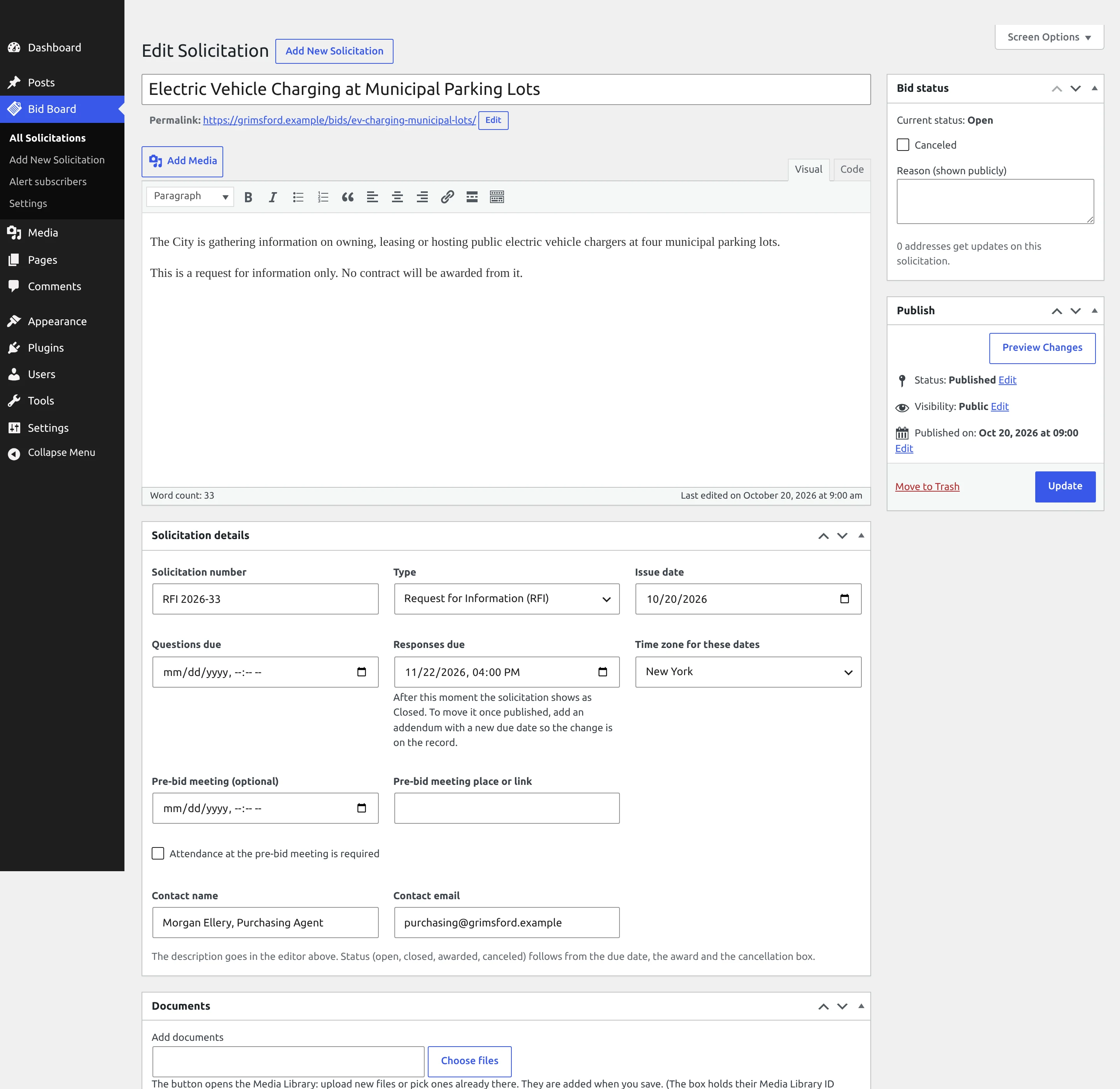 The WordPress edit screen for a solicitation: the description in the editor, a Bid status box with a Canceled checkbox and its public reason, and Solicitation details boxes for number, type, issue date and deadlines.