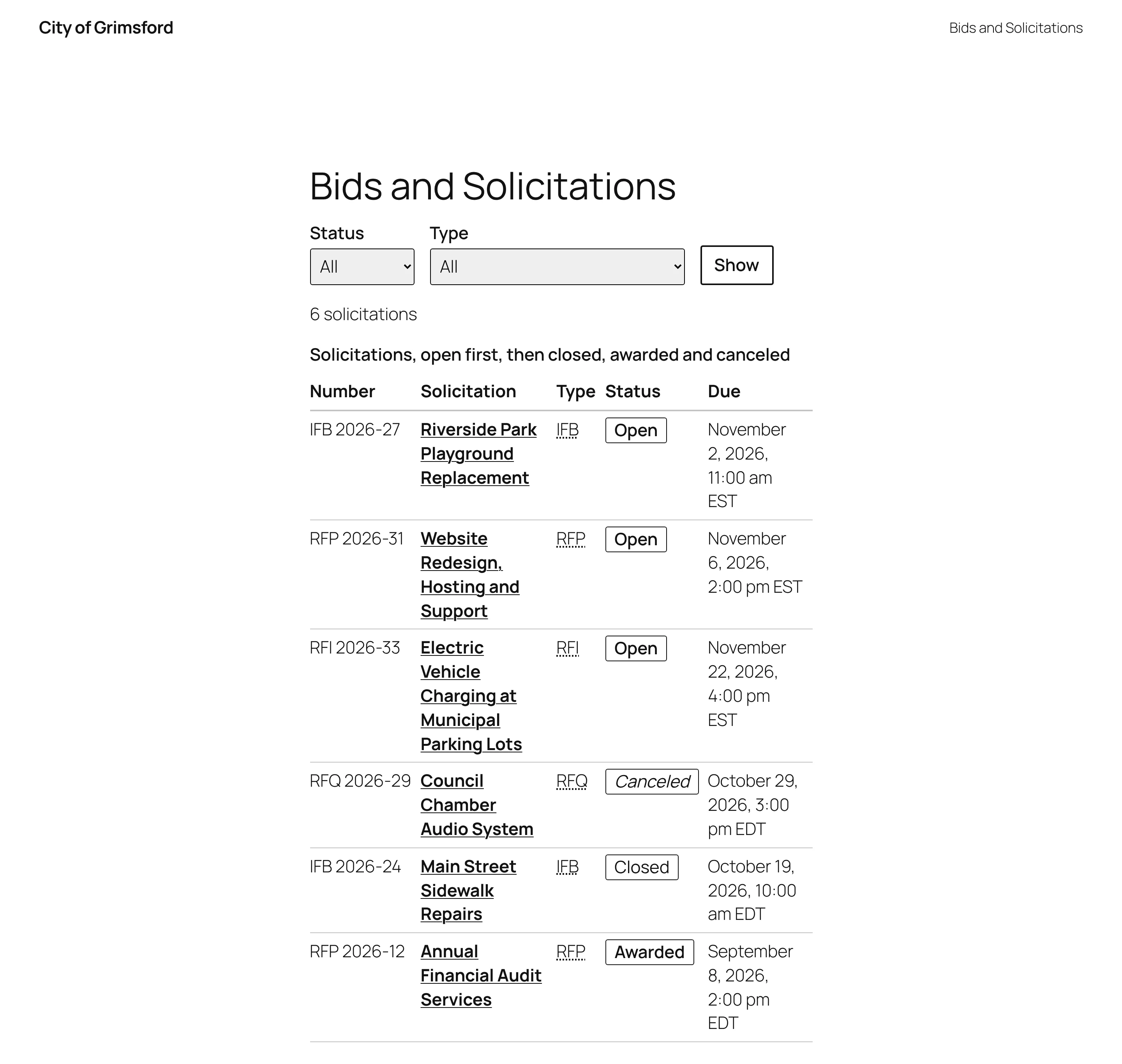 The Bids and Solicitations page of a fictional city: filters for status and type, then a table of solicitations with number, title, type, status in words (Open, Canceled, Closed, Awarded) and due date.