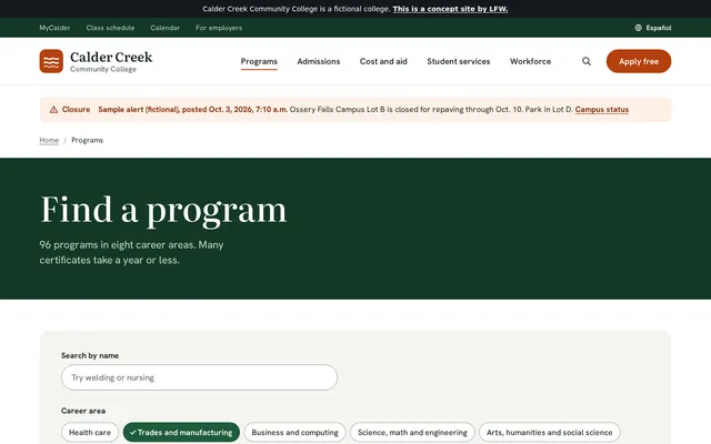 Motore di ricerca dei corsi del Calder Creek Community College: un avviso di chiusura del campus, il titolo «Find a program» e filtri per area professionale con Trades and manufacturing selezionato.
