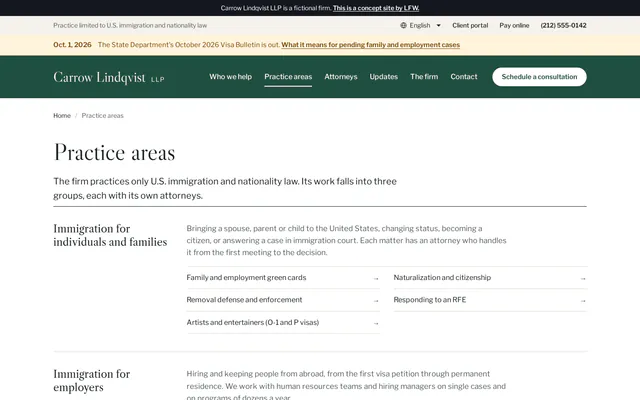 Pagina delle aree di attività di Carrow Lindqvist LLP: l’immigrazione per privati e famiglie, con link a green card, naturalizzazione, difesa contro l’espulsione e visti per artisti.