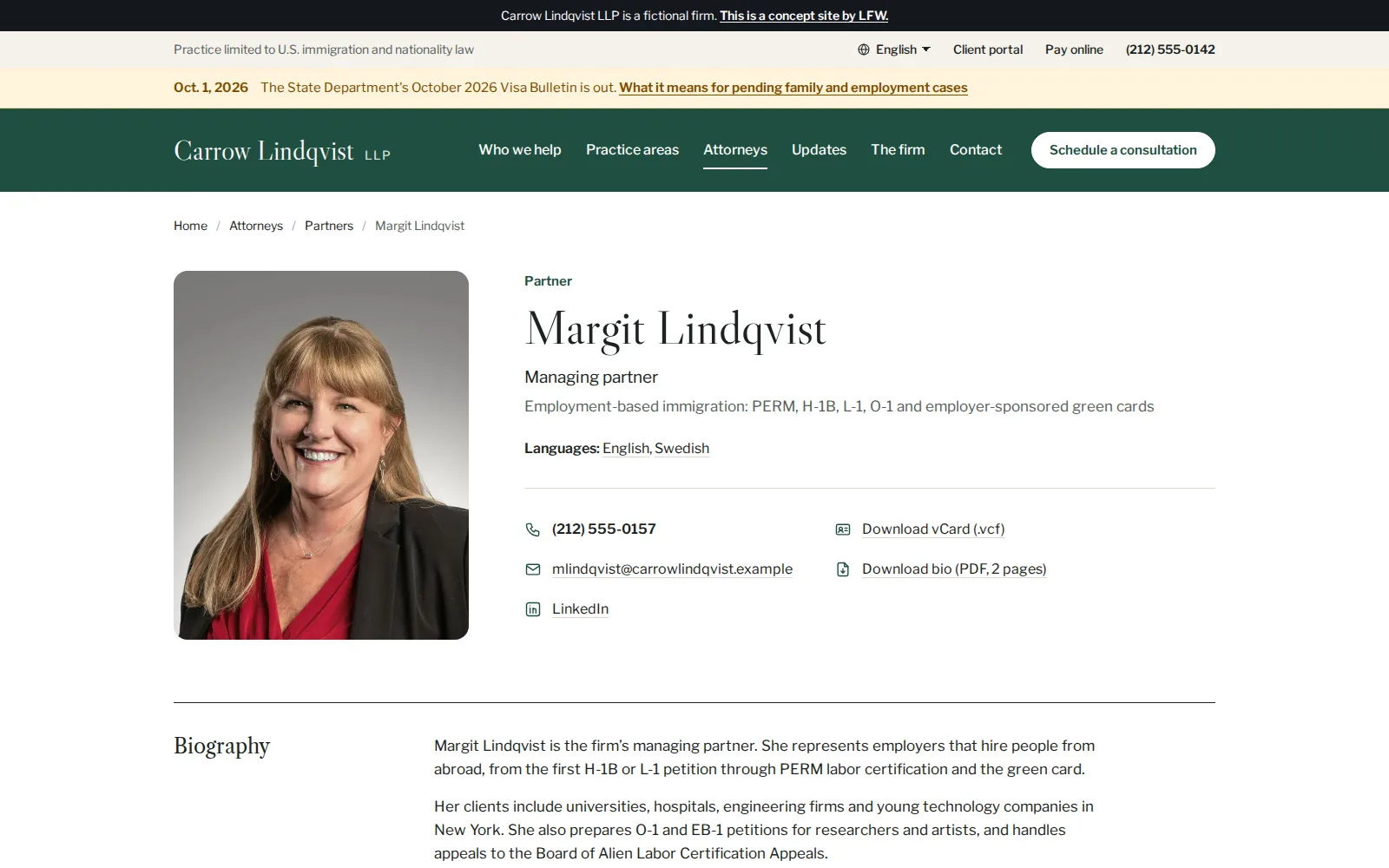 Il sito web: il profilo pubblico di Margit Lindqvist sul sito di Carrow Lindqvist, con la foto, il titolo, il telefono, le lingue e la biografia.