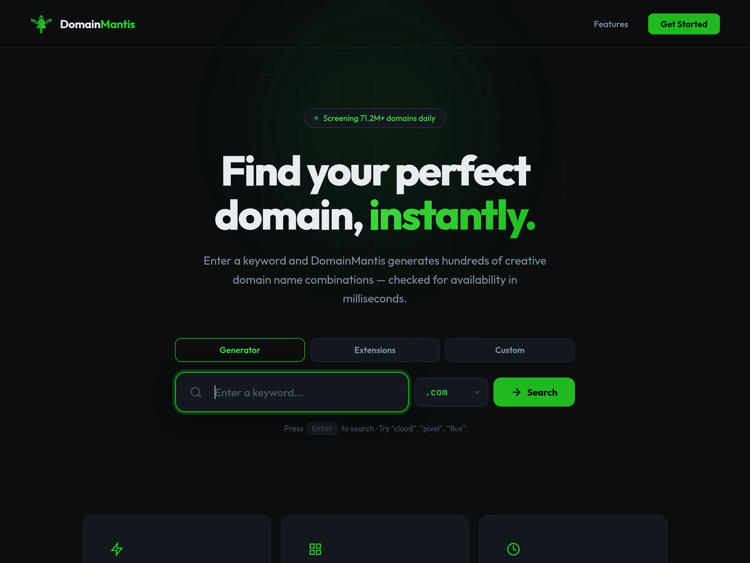 DomainMantis con su generador de dominios y los modos Generator, Extensions y Custom search.