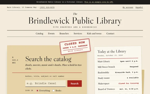Homepage of Brindlewick Public Library, a fictional library.