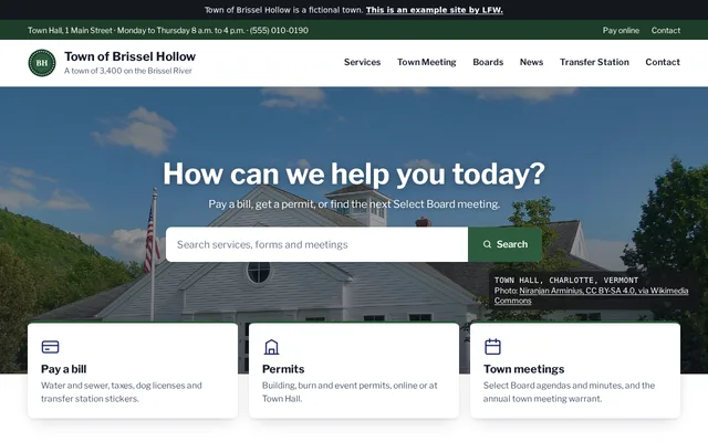 The homepage of the Town of Brissel Hollow example site: a search box asking How can we help you today, and links to pay a bill, permits and town meetings.