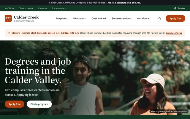 Homepage of Calder Creek Community College, a fictional community college.