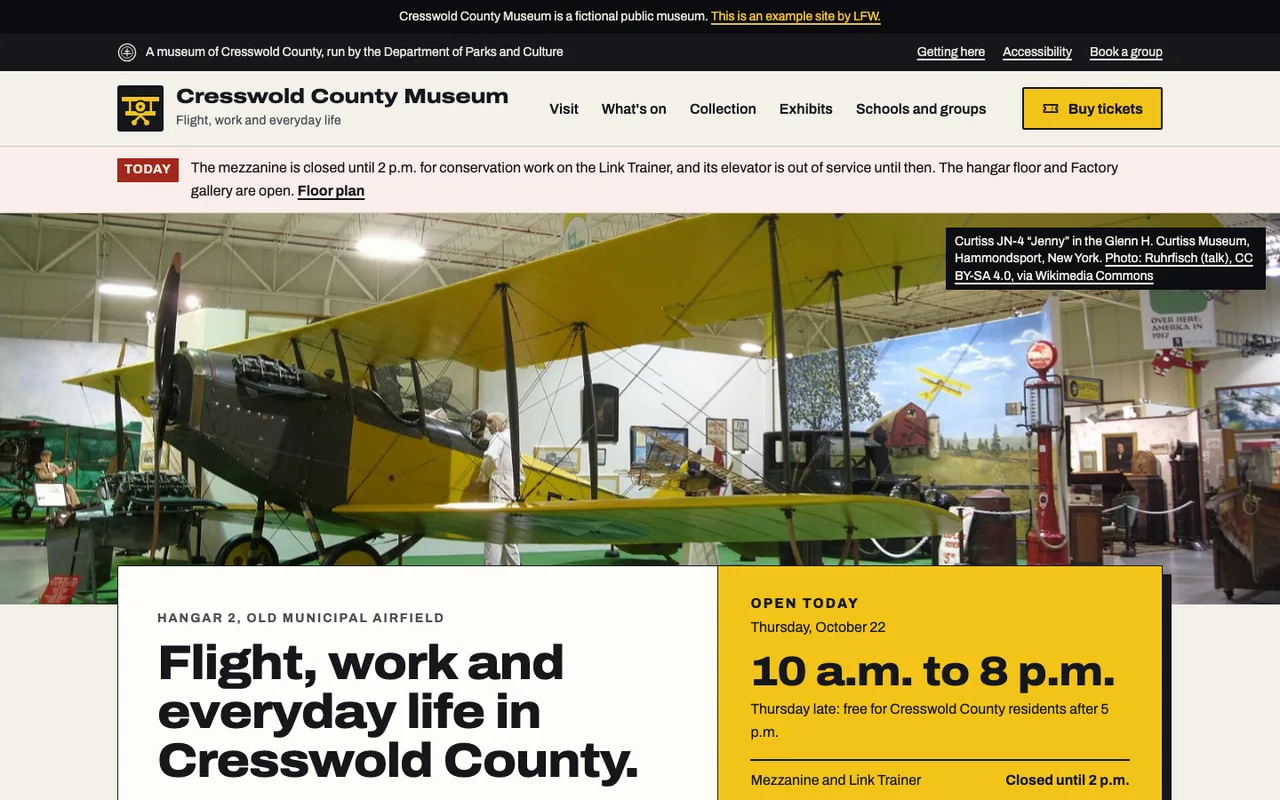 Homepage of Cresswold County Museum, a fictional public museum built by LFW: hours, tickets, search the collection.