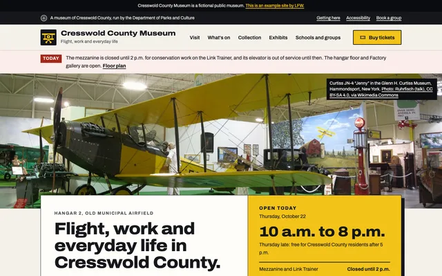 Homepage of Cresswold County Museum, a fictional public museum.
