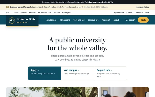 Homepage of Dunmere State University, a fictional public university.