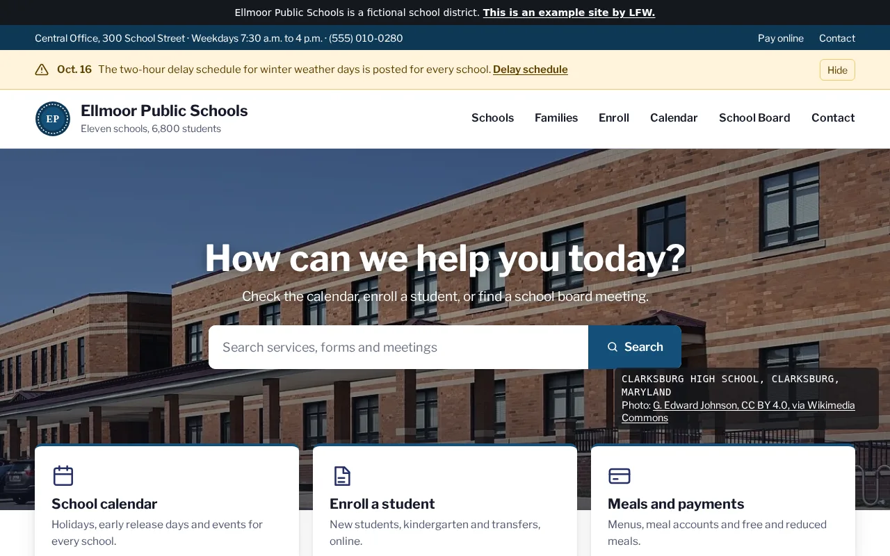 Homepage of Ellmoor Public Schools, a fictional k-12 schools built by LFW: calendar, enrollment, menus.