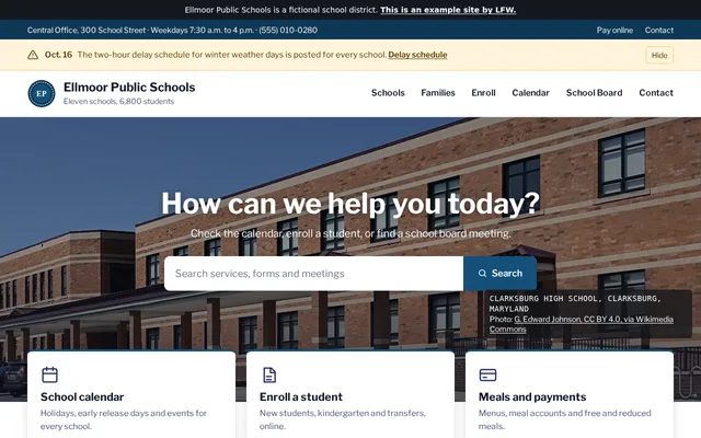 Homepage of Ellmoor Public Schools, a fictional k-12 schools.