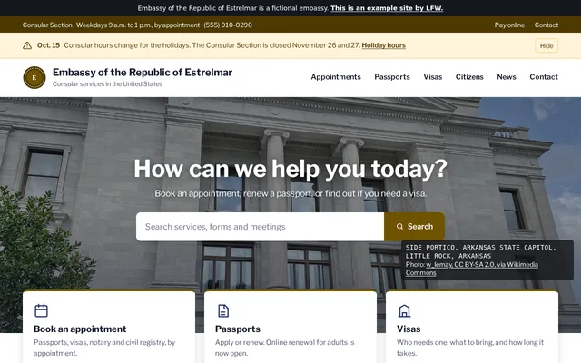 Homepage of Embassy of the Republic of Estrelmar, a fictional embassy.