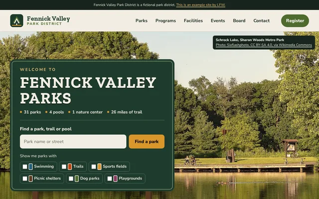 Homepage of Fennick Valley Park District, a fictional parks and recreation.