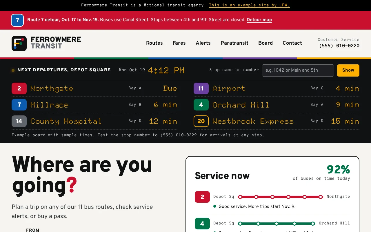 Homepage of Ferrowmere Transit, a fictional transit built by LFW: plan a trip, alerts, fares.