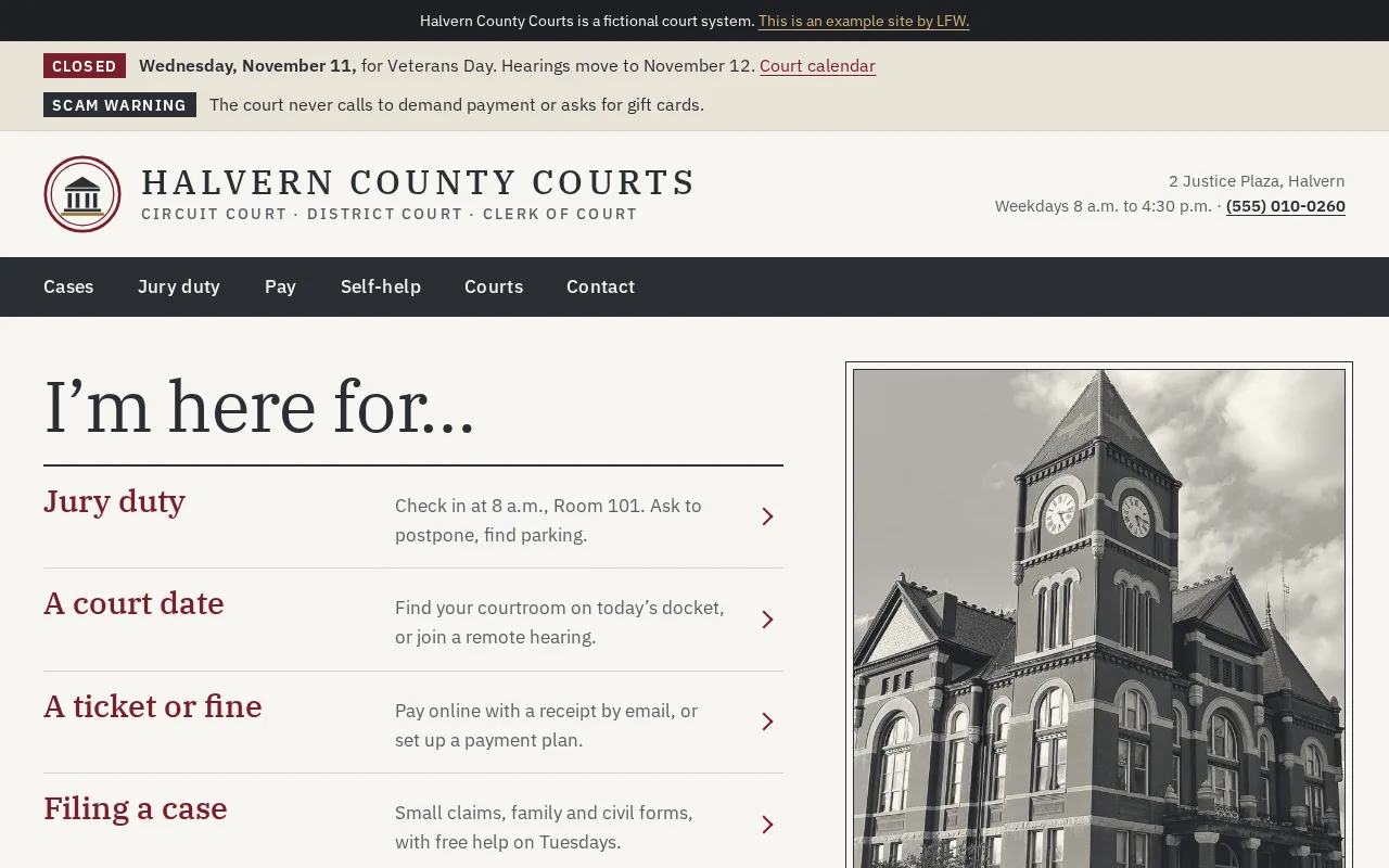 Homepage of Halvern County Courts, a fictional courts built by LFW: case lookup, pay a fine, jury duty.