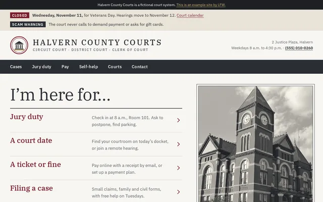 Homepage of Halvern County Courts, a fictional courts.