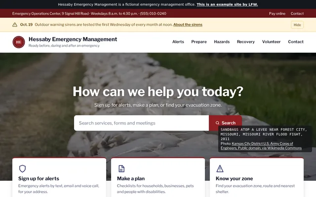 Homepage of Hessaby Emergency Management, a fictional emergency management.