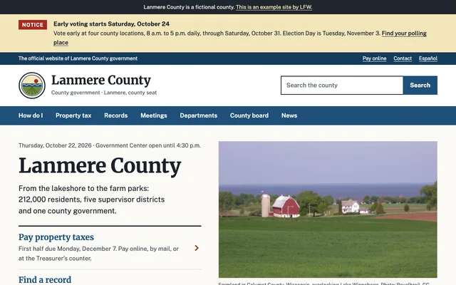 Homepage of Lanmere County, a fictional county.