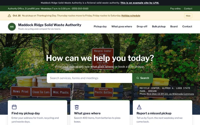 Homepage of Maddock Ridge Solid Waste Authority, a fictional waste and recycling.