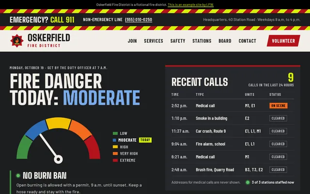Homepage of Oskerfield Fire District, a fictional fire and ems.