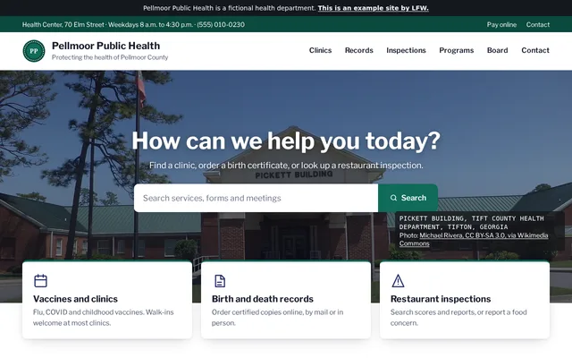 Homepage of Pellmoor Public Health, a fictional public health.