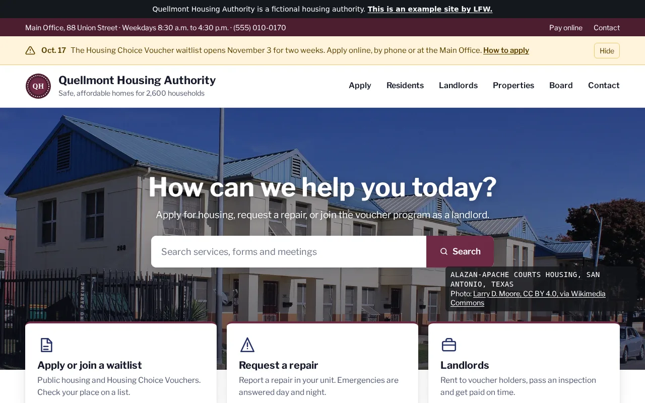 Homepage of Quellmont Housing Authority, a fictional housing authority built by LFW: apply, request a repair, landlords.