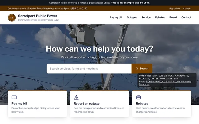 Homepage of Sorrelport Public Power, a fictional power utility.