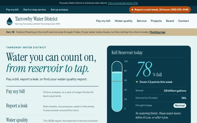 Homepage of Tarrowby Water District, a fictional water utility.