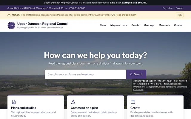 Homepage of Upper Dannock Regional Council, a fictional regional council.