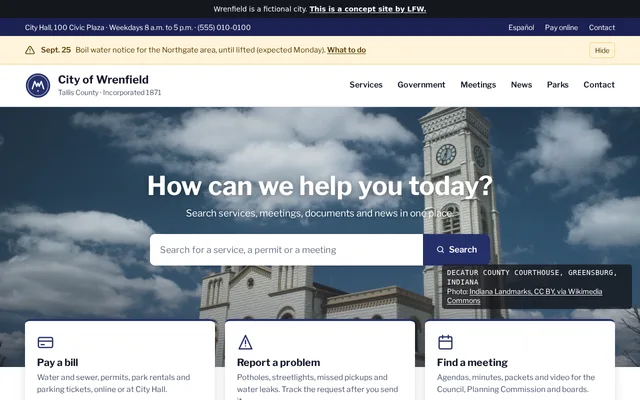Homepage of City of Wrenfield, a fictional city.