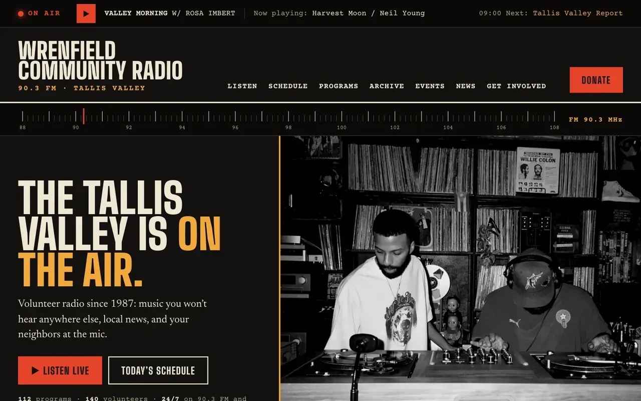 Homepage of Wrenfield Community Radio, a fictional public radio built by LFW: listen live, schedule, programs.