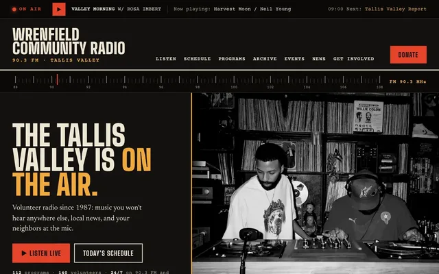 Homepage of Wrenfield Community Radio, a fictional public radio.