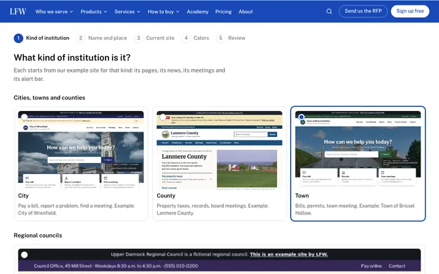 Step 1 of the LFW site builder: Town is selected among example sites for a city, a county and a town, each shown as a homepage screenshot.