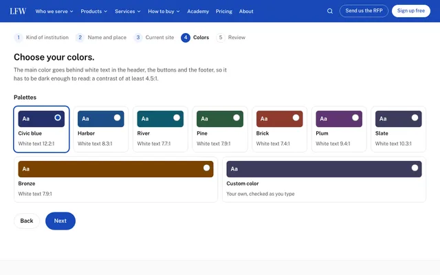 Step 4 of the LFW site builder: eight color palettes, each with its contrast ratio for white text, and a custom color option.