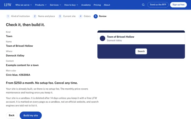 The review step of the LFW site builder: the kind, name, place, content and main color, a preview of the header, and the line From $250 a month. No setup fee. Cancel any time.