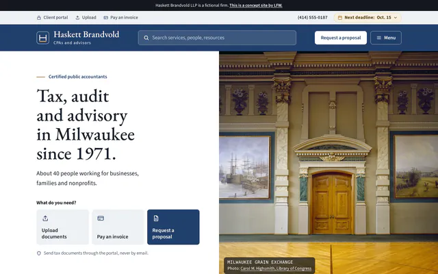 Home page di Haskett Brandvold LLP: il titolo «Tax, audit and advisory in Milwaukee since 1971.», pulsanti per inviare documenti, pagare una fattura o chiedere una proposta, e una foto della Borsa dei cereali di Milwaukee.