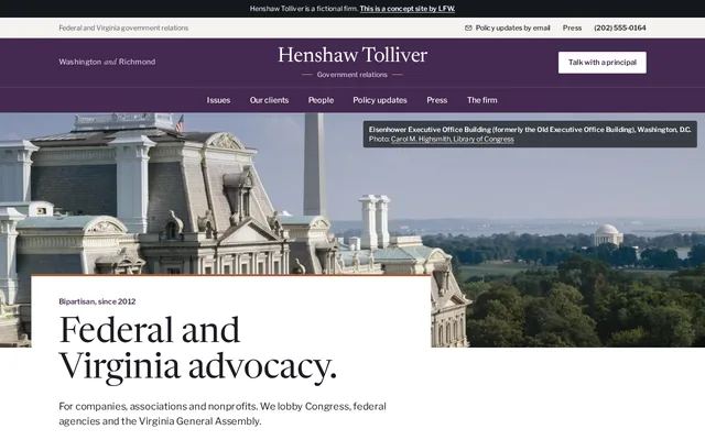 Home page di Henshaw Tolliver: il nome dello studio sopra una foto dell’Eisenhower Executive Office Building, e il titolo «Federal and Virginia advocacy.»