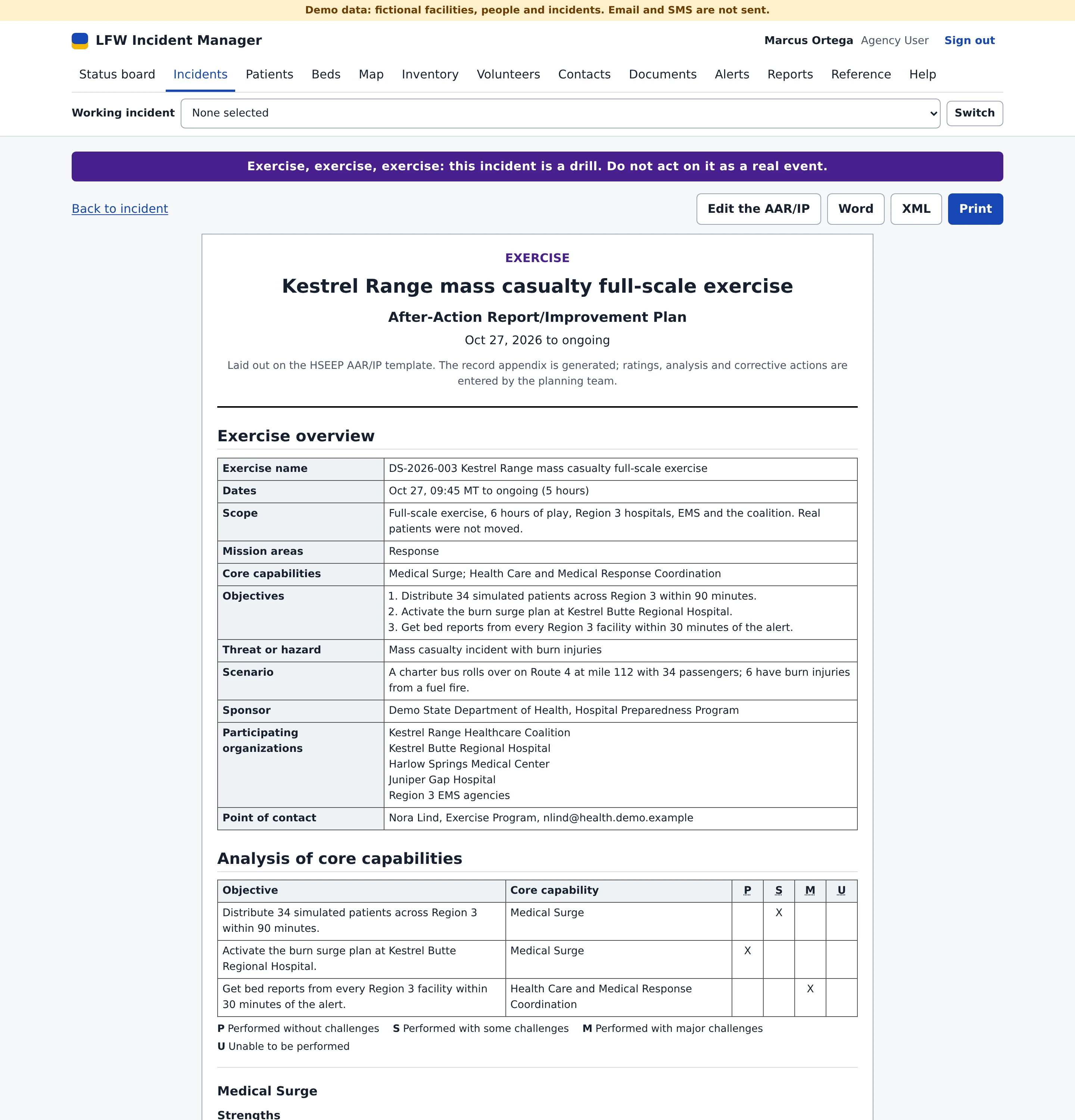 An HSEEP After-Action Report and Improvement Plan for a fictional mass casualty exercise: the exercise overview, objectives and participating organizations, and each objective's core capability rated P, S, M or U, with Word, XML and Print buttons.