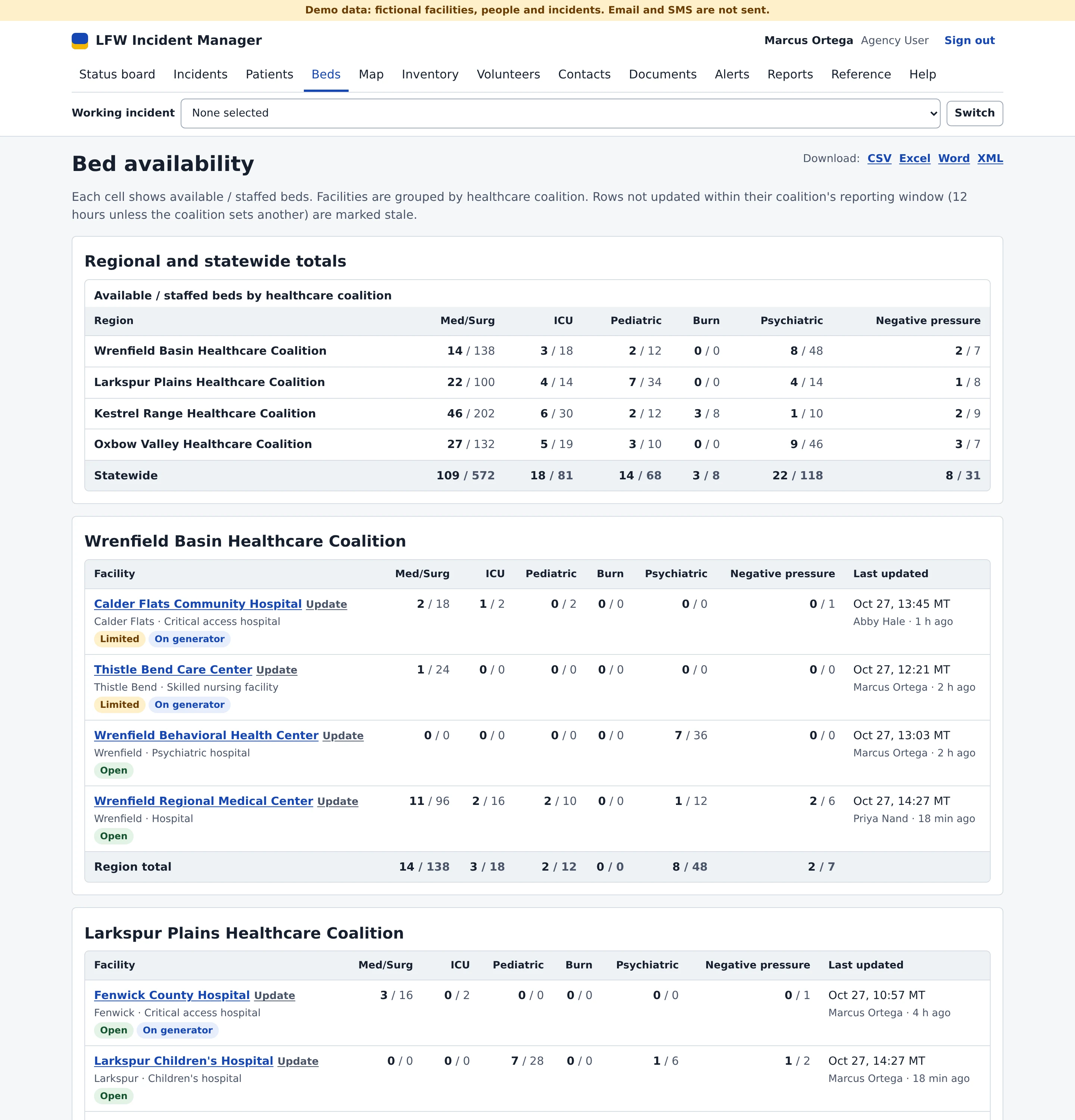 The bed board: available and staffed beds in six categories (Med/Surg, ICU, Pediatric, Burn, Psychiatric and Negative pressure) by healthcare coalition and statewide, then each fictional facility with its status, such as Limited or On generator, and who last updated it.