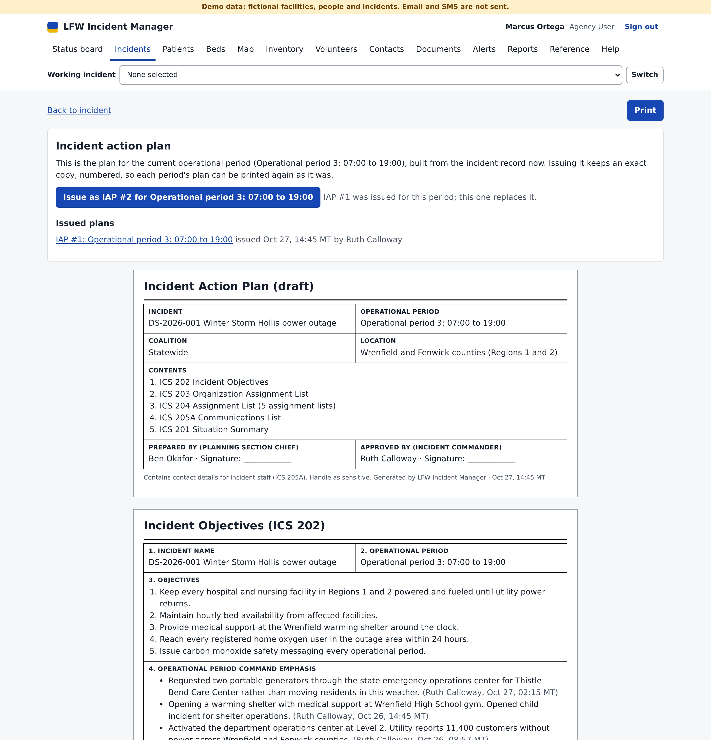 The incident action plan for one operational period: a button to issue it as a numbered plan, the plans already issued, then the cover page listing ICS 202, 203, 204, 205A and the ICS 201 situation summary, and the ICS 202 objectives.