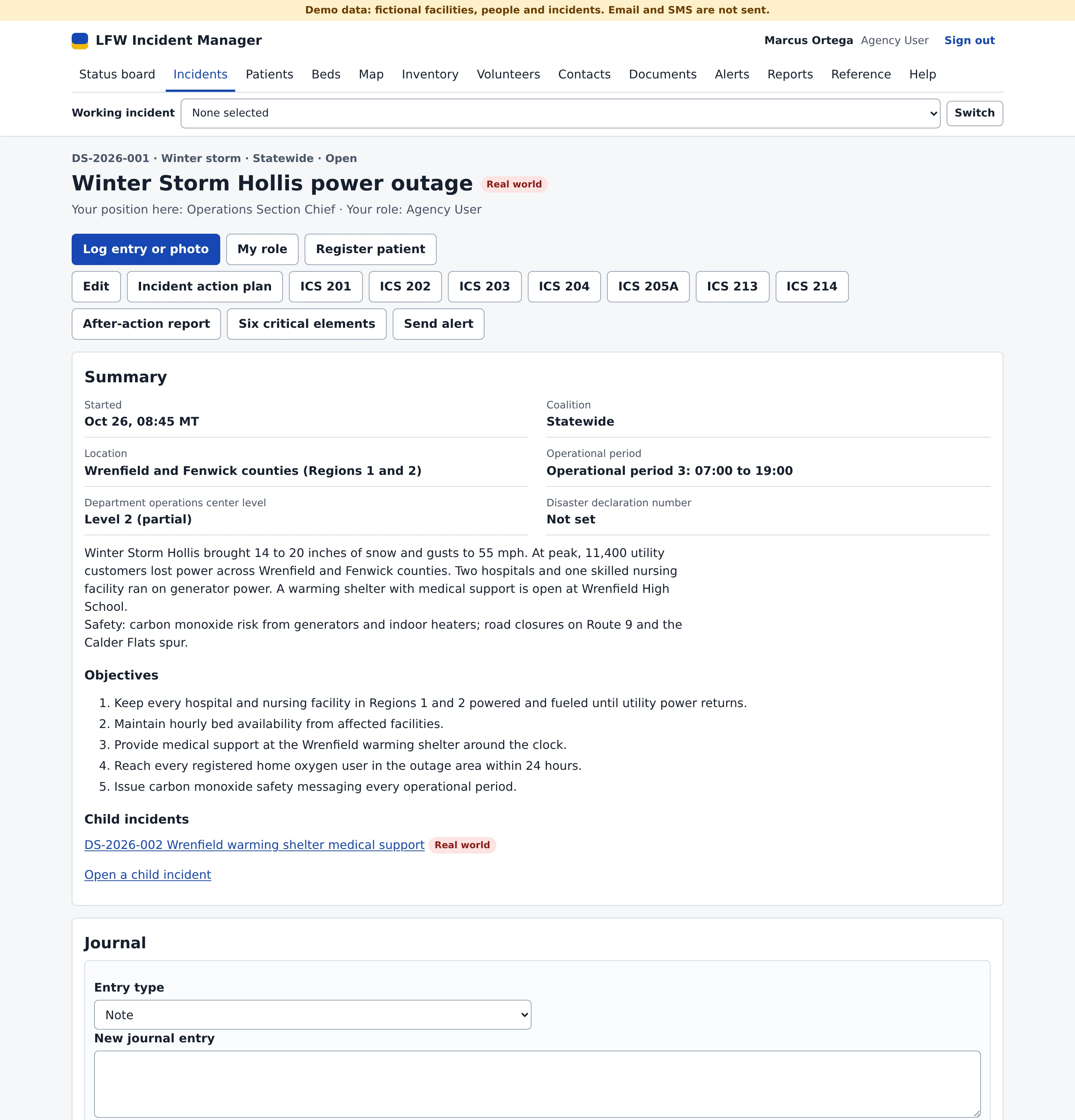 A fictional winter storm incident in Incident Manager: its operational period, operations center level, situation and objectives, with buttons for the incident action plan, ICS 201, 202, 203, 204, 205A, 213 and 214, the after-action report and Send alert.
