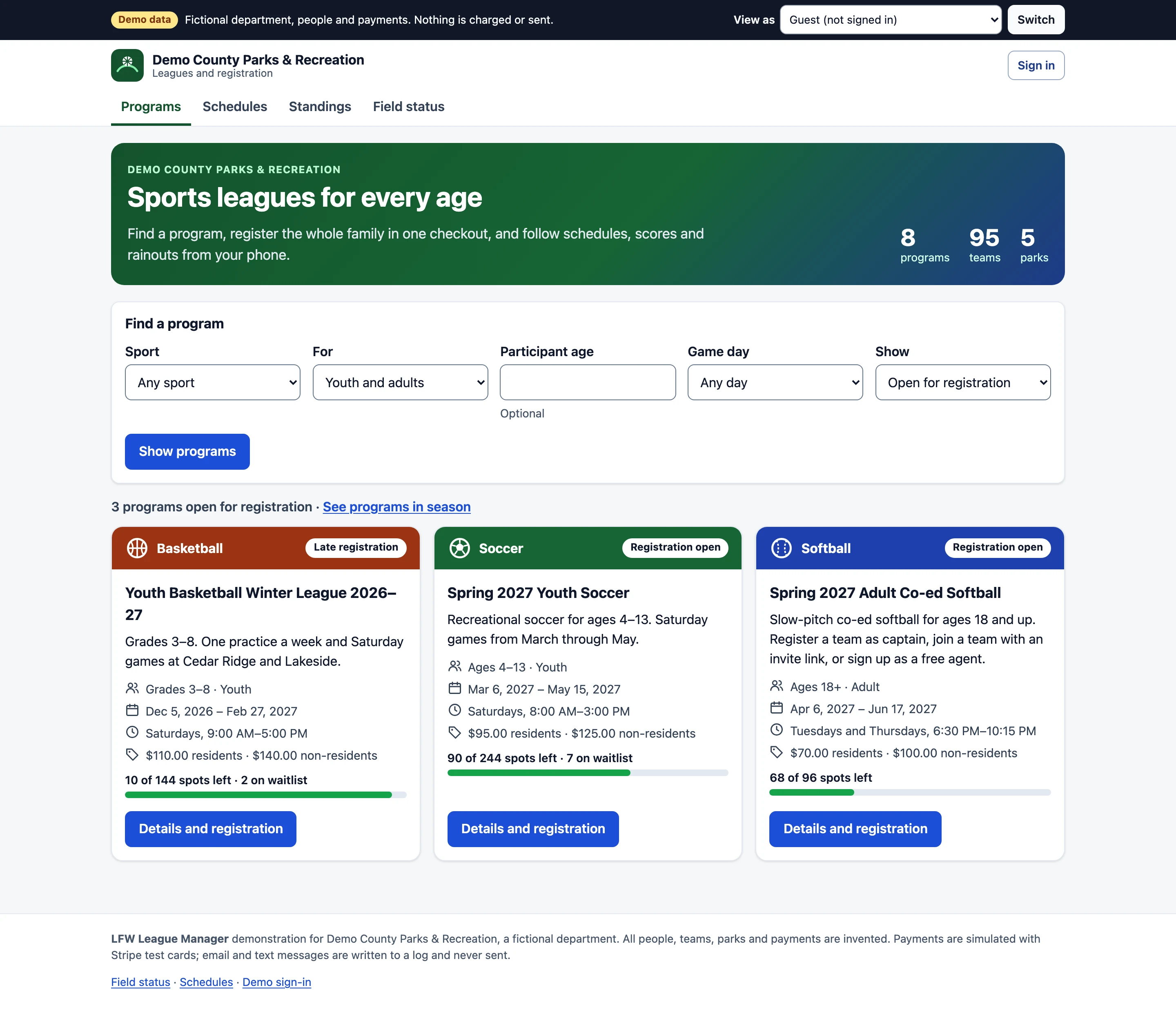The public program list of a fictional parks department: youth basketball, spring youth soccer and adult softball, each with ages, dates, resident and non-resident prices, spots left and a waitlist count.