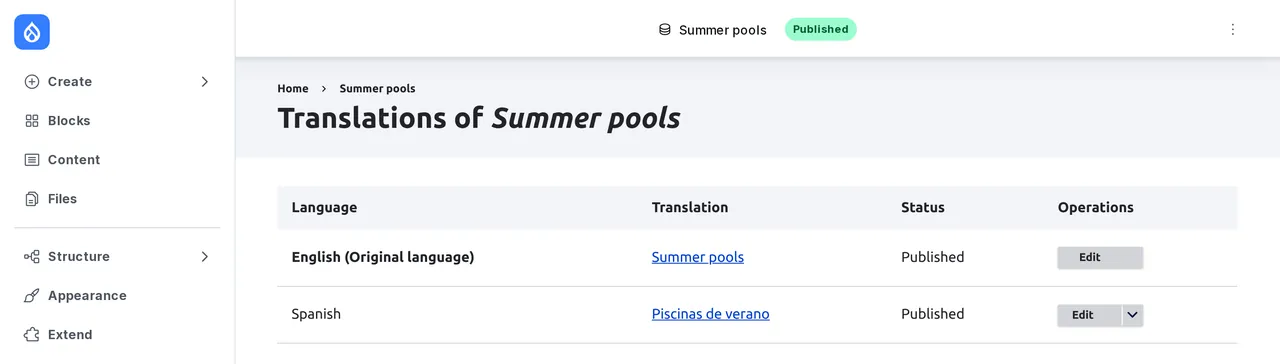 La pestaña Traducciones de Drupal para la página Summer pools, con el inglés como idioma original y la traducción al español Piscinas de verano, ambas publicadas.